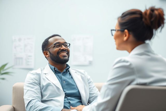 Doctor consultation. A smiling African American male doctor in a white coat discusses with a female colleague in a bright, modern clinic setting. Healthcare professionals, patient care, and medical discussion are key themes. Blue and neutral tones dominate the scene.