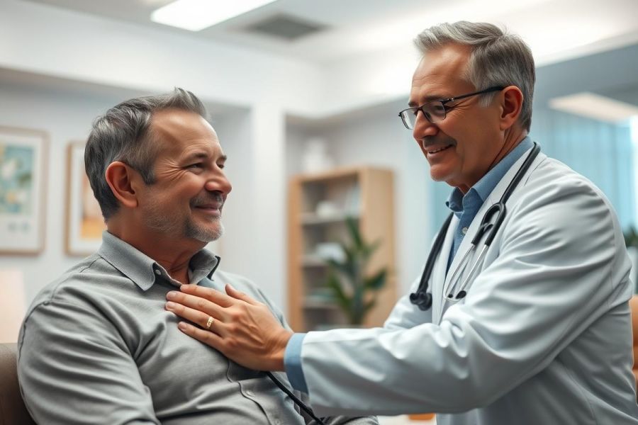Doctor examining a mature patient in a bright, modern medical office. The scene features two smiling men, one in a white coat with a stethoscope, conveying a positive healthcare consultation. Warm lighting and neutral tones create a reassuring atmosphere.