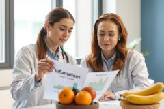 Two female doctors in white coats review data charts while fruit (oranges, bananas, and others) sits on a table. A bright, clinical environment.