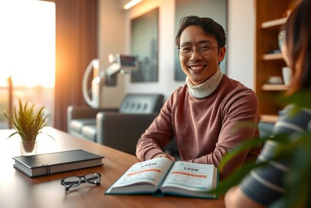 This is a photograph featuring a young man with glasses seated at a table with another person on the right side of the frame. The setting appears to be an office environment during daylight. The man in the foreground is wearing a light-colored sweater and smiling, while the other person seems to be engaged in conversation. Books are visible on the table, indicating a professional or academic context.