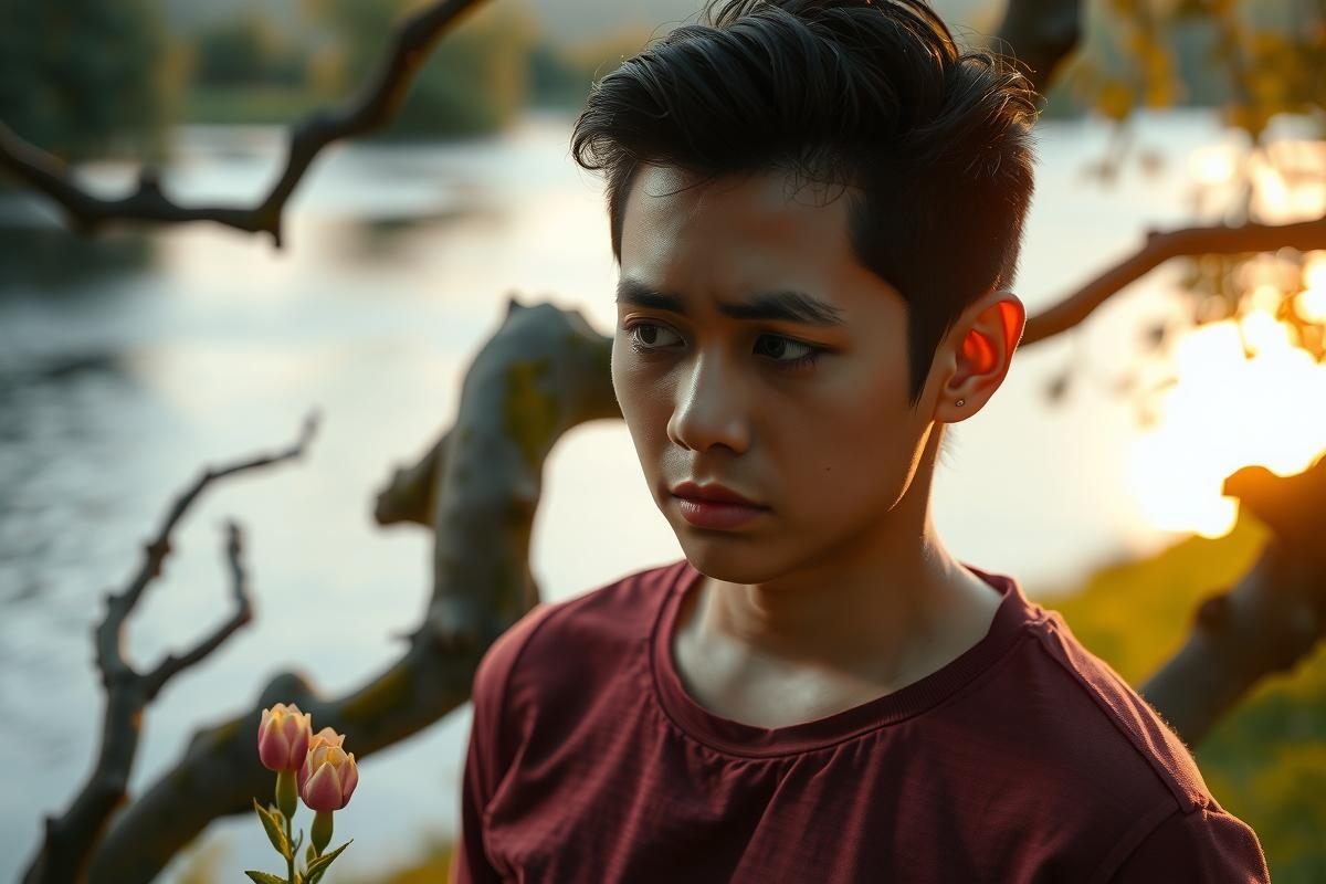The image features a young man with short, dark hair and a neutral expression on his face. He is standing by the water's edge during either sunrise or sunset as indicated by the warm lighting of the scene. The environment suggests a natural setting, possibly along a river bank. 