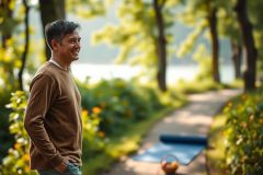 The image depicts a man standing outdoors in front of an idyllic setting. He is smiling and appears to be engaged in casual conversation or enjoying his time.