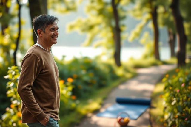The image depicts a man standing outdoors in front of an idyllic setting. He is smiling and appears to be engaged in casual conversation or enjoying his time.