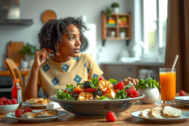The image features a young woman seated at a dining table filled with various fruits and vegetables. The table is indoors, with an array of colorful food items including strawberries and possibly other fruits or salad greens. There are also beverages, which seem to be smoothies or juices, placed on the table. 