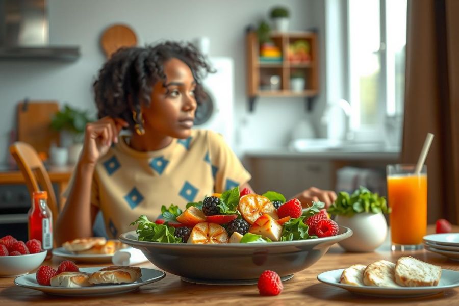 The image features a young woman seated at a dining table filled with various fruits and vegetables. The table is indoors, with an array of colorful food items including strawberries and possibly other fruits or salad greens. There are also beverages, which seem to be smoothies or juices, placed on the table. 