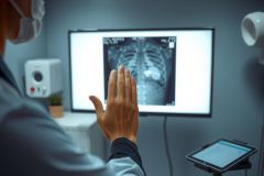 Doctor reviewing chest x-ray on a lit screen in a medical environment. Diagnostic imaging, healthcare, radiology, medical examination, and patient care are key themes.