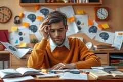 The image depicts a young man sitting at a desk, appearing to be in deep thought or possibly overwhelmed by the work. He has his hand on his forehead and is looking down at some papers that are scattered on his desk, which also holds several books and notebooks.