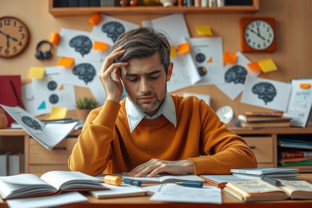 The image depicts a young man sitting at a desk, appearing to be in deep thought or possibly overwhelmed by the work. He has his hand on his forehead and is looking down at some papers that are scattered on his desk, which also holds several books and notebooks.