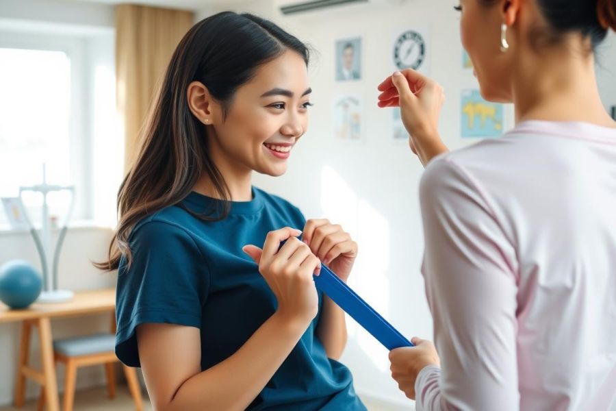 Two women interacting in a brightly lit room with blue and pink tones. One wears a blue shirt, the other a pink shirt, engaged in a conversation or activity, with a casual, friendly atmosphere.