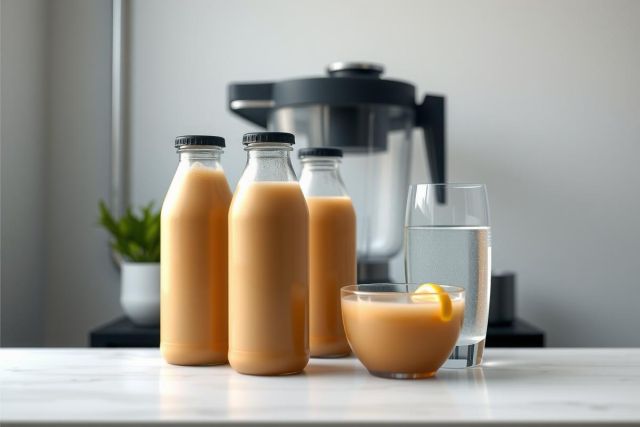 Fresh juice in glass bottles and a glass with a lemon slice on a marble surface. A blender is visible in the background. Natural light, vibrant colors, healthy beverage concept.