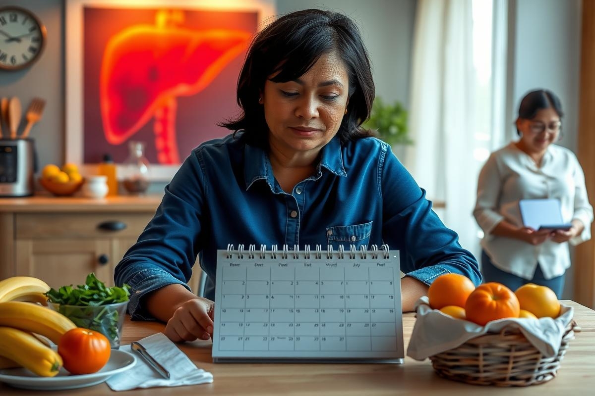 The image depicts a woman seated at a kitchen table with an assortment of fruits in front of her. She appears to be writing or checking something on a small calendar. The setting suggests a home environment, possibly during meal preparation or as part of daily routine.
