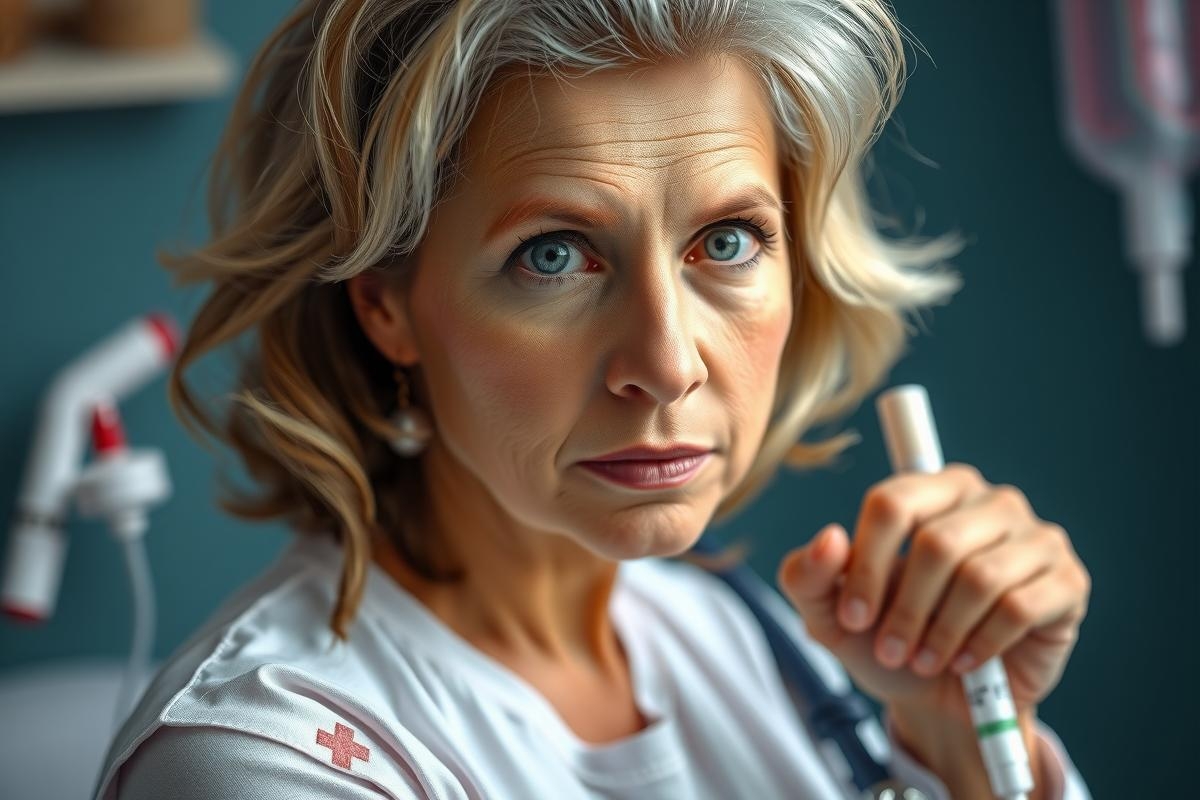 The image portrays a woman who appears to be a medical professional engaged in her work within what seems to be an intensive care unit or similar healthcare setting. The woman is focused on her task, holding a syringe and looking directly at the camera with a serious expression. 