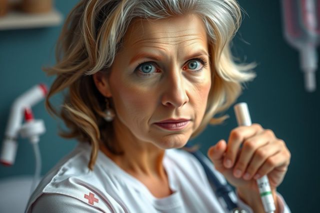 The image portrays a woman who appears to be a medical professional engaged in her work within what seems to be an intensive care unit or similar healthcare setting. The woman is focused on her task, holding a syringe and looking directly at the camera with a serious expression. 