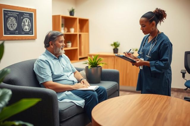 In a modern medical office, a man sits comfortably on a couch while a female nurse in scrubs stands over him, holding a clipboard and pen. They are both engaged in what appears to be a consultation or interview.