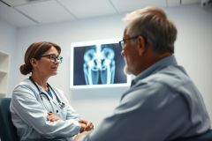 Doctor discussing x-ray results with a patient in a medical office. Healthcare consultation scene featuring a female doctor and male patient, with a hip x-ray visible in the background. Blue and white tones depict a clinical environment.