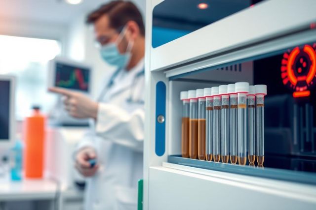 Lab technician in protective gear examines test tubes in an automated analyzer. The scene features a modern laboratory environment with scientific equipment and a focus on medical diagnostics and analysis.