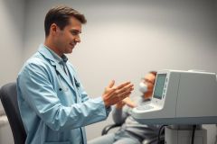 Doctor in a light blue coat examining a patient with a medical device in a clinical setting. Focus on healthcare, medical checkup, and patient care with a modern, clean aesthetic.