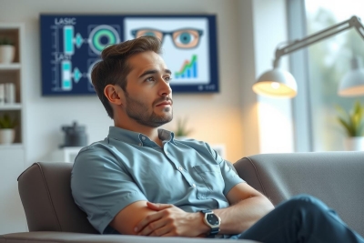 A man relaxing on a couch in an office setting. He is dressed casually, wearing a blue shirt and sunglasses. The room has modern decor with large windows letting in natural light.