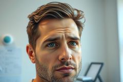Close-up portrait of a man with blue eyes and stubble, looking upwards. Shot in a modern interior with white walls and a minimalist aesthetic. Natural light emphasizes his features.