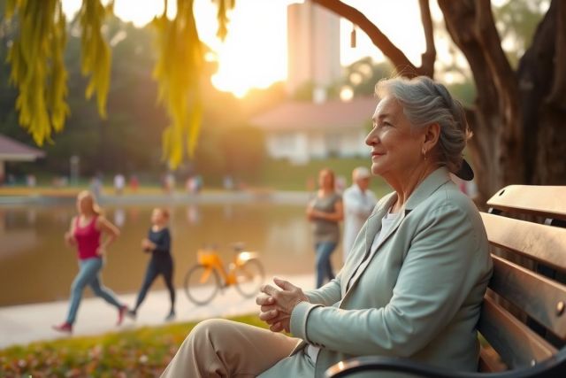A woman sits on a park bench during sunset. The sun is setting in the background, casting a warm glow over the scene. There are several people enjoying various outdoor activities nearby, including walking and cycling.