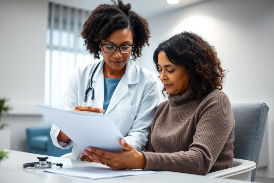 Doctor and patient reviewing medical documents in a bright, modern office. The image depicts a healthcare consultation, showcasing a female doctor in white coat with a stethoscope, and a female patient. Warm neutral tones dominate the scene, emphasizing trust and care.