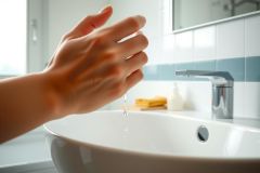Close-up of hands washing in a modern bathroom. Features a white sink, chrome faucet, and blue-tiled wall. Focuses on water droplets and hygiene.