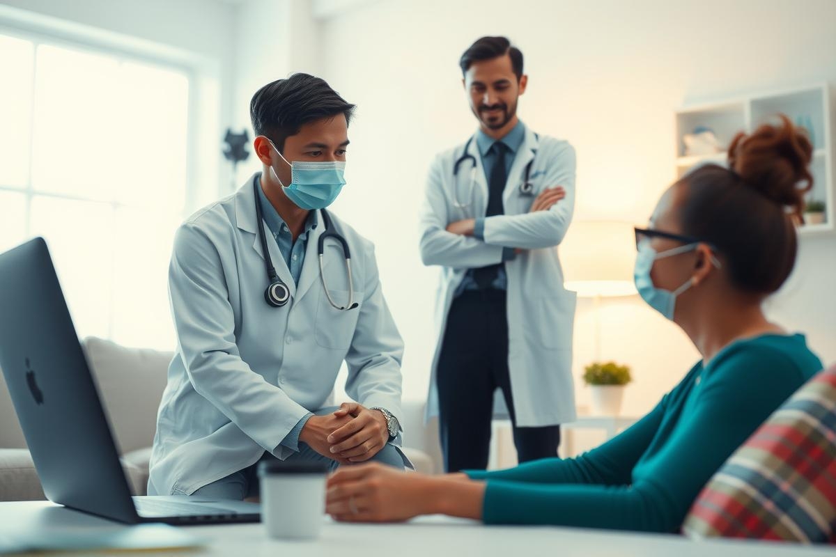 Three people, including two doctors and a patient, are gathered in a hospital room during a consultation. The setting appears to be an indoor clinic, complete with modern furniture and technology.