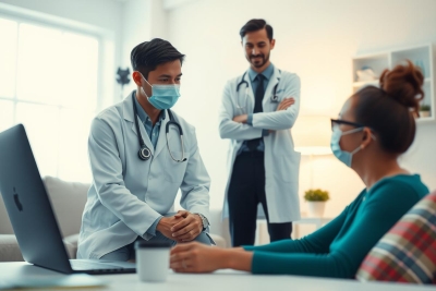 Three people, including two doctors and a patient, are gathered in a hospital room during a consultation. The setting appears to be an indoor clinic, complete with modern furniture and technology.