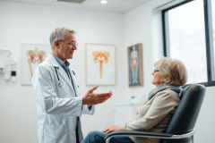 Doctor consults with a senior patient in a bright, modern clinic. The image shows a male physician in a white coat discussing health concerns with an older woman. Anatomy posters are visible on the wall, suggesting an orthopedic or musculoskeletal focus. Healthcare, medical consultation, senior care.
