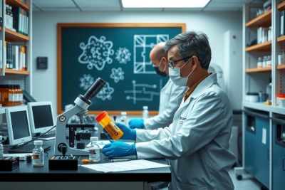 The image depicts a scientific laboratory setting where two individuals, likely scientists or researchers, are engaged in an experiment. One person is wearing protective gear including gloves and is focused on work at the lab bench which has various pieces of equipment typically found in a lab environment.