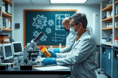 The image depicts a scientific laboratory setting where two individuals, likely scientists or researchers, are engaged in an experiment. One person is wearing protective gear including gloves and is focused on work at the lab bench which has various pieces of equipment typically found in a lab environment.
