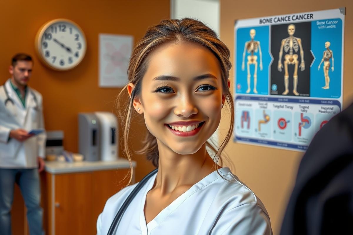 The image features a smiling woman in a clinical environment. She is wearing a white lab coat and stands with her hands on her hips, suggesting a confident or professional demeanor. Her surroundings include medical equipment and diagrams typical of a doctor's office or hospital setting.