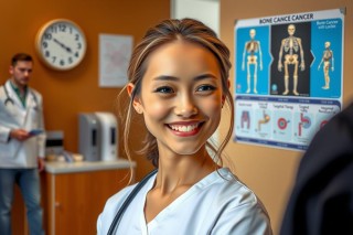 The image features a smiling woman in a clinical environment. She is wearing a white lab coat and stands with her hands on her hips, suggesting a confident or professional demeanor. Her surroundings include medical equipment and diagrams typical of a doctor's office or hospital setting.