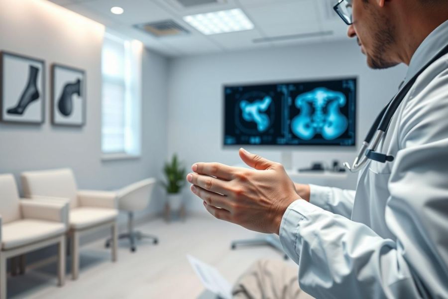 Doctor examining MRI scan in a modern clinic. Healthcare professional with stethoscope reviewing patient's imaging results in a bright, clean medical office. Focus on diagnostic imaging and patient care.