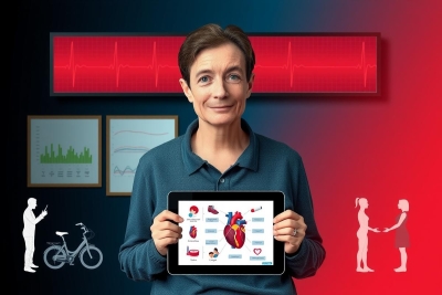 The image depicts a person holding a tablet that displays various health-related icons and data. The individual appears to be in a modern setting, possibly related to healthcare or technology. The color scheme is predominantly red and white, suggesting a connection to vital signs such as heart rate. The context seems to revolve around digital health monitoring and the integration of technology with personal wellness.