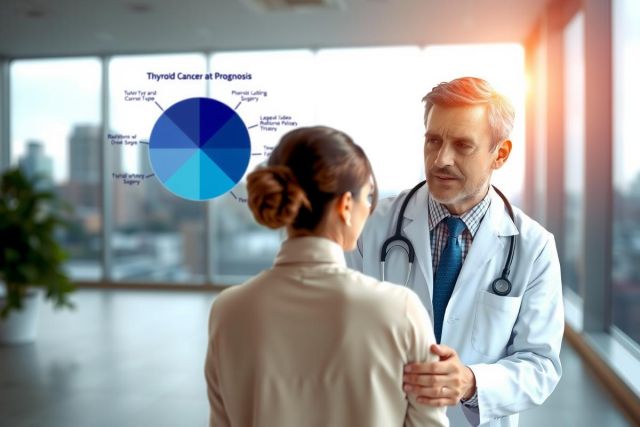The image depicts a professional medical setting where a doctor is explaining health-related data to a patient. The doctor, who appears to be male, is wearing a white lab coat. He stands on the right side of the frame, gesturing towards his patient. The patient is also dressed in professional attire and seems engaged in the discussion. 