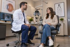 Ophthalmologist consulting a seated patient in a clean exam room with eye equipment.