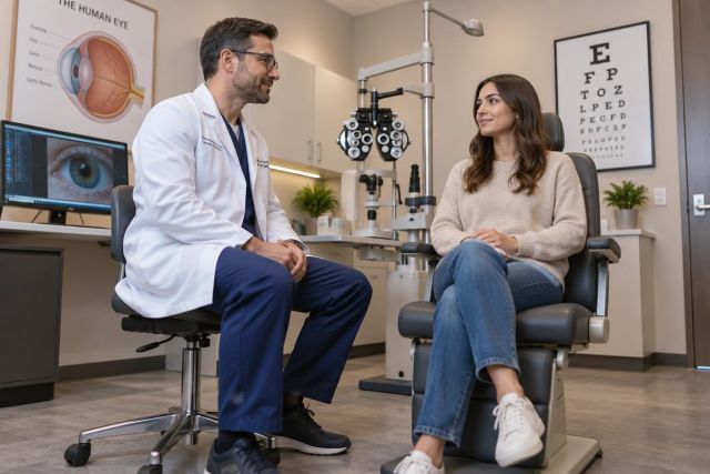 Ophthalmologist consulting a seated patient in a clean exam room with eye equipment.