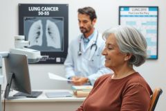 The image shows an interior medical examination room. In the foreground, a patient is seated and looking towards the viewer with a relaxed expression on her face. The patient appears to be an older woman with grey hair. 