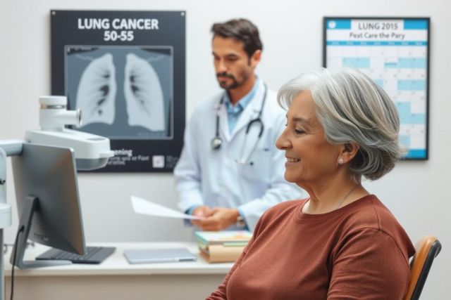 The image shows an interior medical examination room. In the foreground, a patient is seated and looking towards the viewer with a relaxed expression on her face. The patient appears to be an older woman with grey hair. 