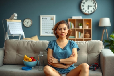 The image features a young woman sitting on a modern gray couch. She wears a light blue top and has a thoughtful expression, with her hands clasped across her chest. The room has a minimalist aesthetic with wooden furniture and neutral colors.