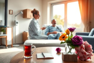 The image depicts a cozy living room setting with two individuals. A healthcare professional, identifiable by their uniform and stethoscope around their neck, is attending to an elderly gentleman sitting comfortably on the couch.