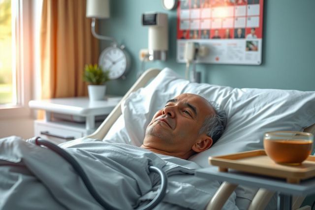 The picture shows an elderly man lying in a hospital bed with medical equipment. The room has bright walls and a window that lets in natural light, creating a calm and serene environment.
