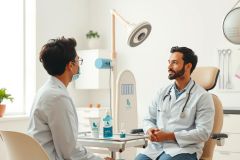 Doctor consulting with a patient in a modern office. Healthcare professional in a white coat speaks with a man wearing a mask. A clean, bright environment with medical equipment visible.