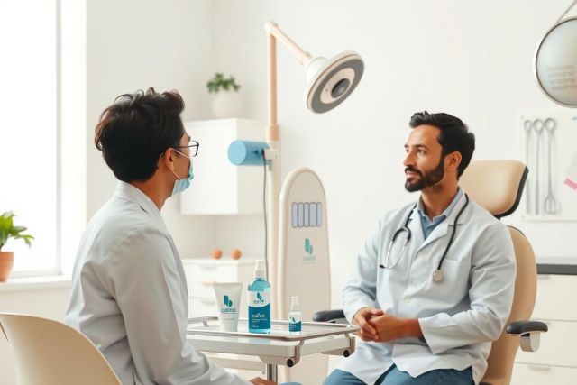 Doctor consulting with a patient in a modern office. Healthcare professional in a white coat speaks with a man wearing a mask. A clean, bright environment with medical equipment visible.