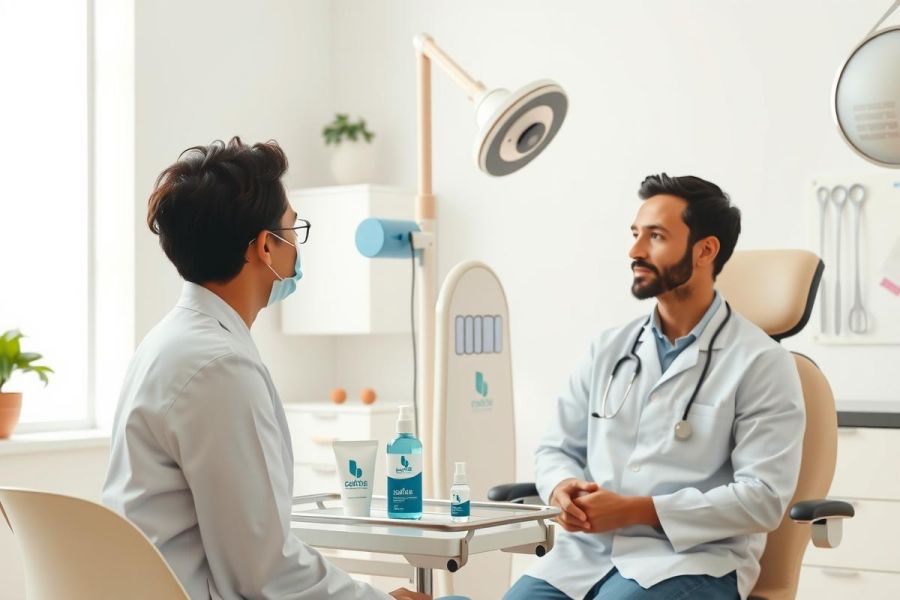 Doctor consulting with a patient in a modern office. Healthcare professional in a white coat speaks with a man wearing a mask. A clean, bright environment with medical equipment visible.