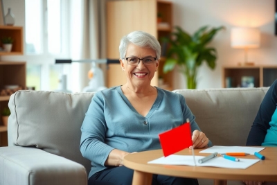 The photo shows a smiling older woman sitting on a sofa in what appears to be a modern living room. A red flag is on the coffee table in front of her. The setting is warm and inviting.