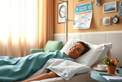 This image features a young man lying in a hospital bed, smiling. He is hooked up to medical devices and appears to be in good spirits. The hospital room has a bright window, allowing natural light to enter the space.