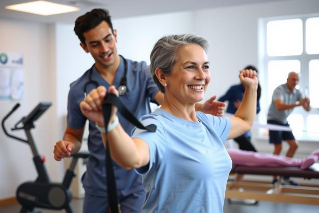 Physical therapy session. A woman exercises with a therapist in a bright clinic. Equipment includes a treadmill, exercise bike, and weights. Focus on rehabilitation and wellness.