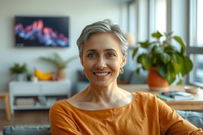 The image features a woman with gray hair smiling at the camera. She is wearing an orange top and appears to be seated comfortably in a living room setting, which includes a couch, a potted plant, and a flat screen TV on the wall. The room has a modern and cozy ambiance.